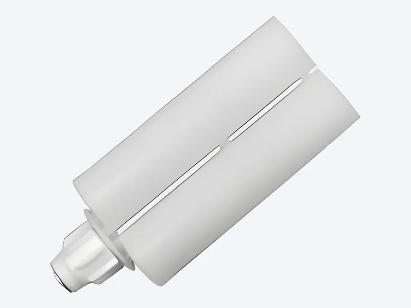 White dual-barrel cartridge with two ribbed cylinders and a clear threaded outlet