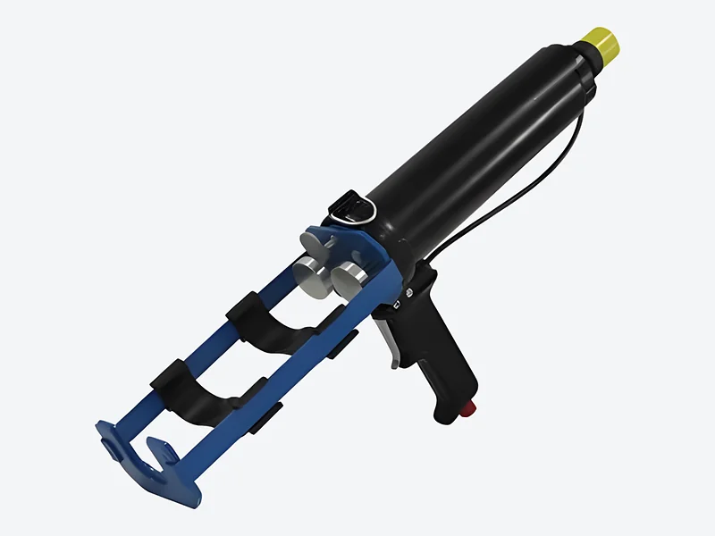 Pneumatic two-component cartridge applicator with a black barrel, blue open frame and black pistol grip