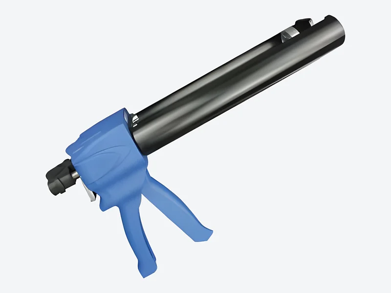 Manual two-component cartridge applicator with a blue handle and trigger and a dark metal barrel