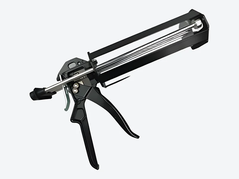 Manual two-component cartridge applicator with an open black and chrome frame and black trigger