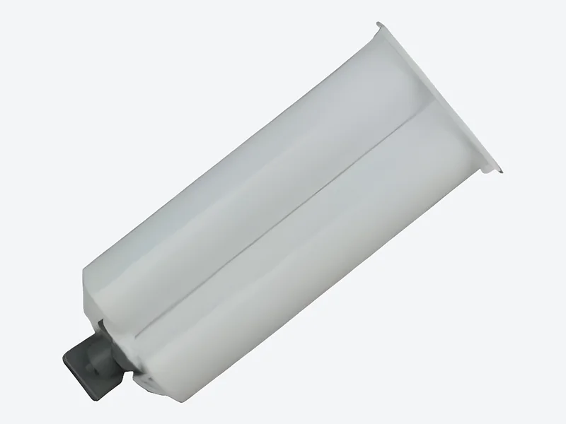White dual-barrel cartridge with a flanged rear end and a dark gray outlet
