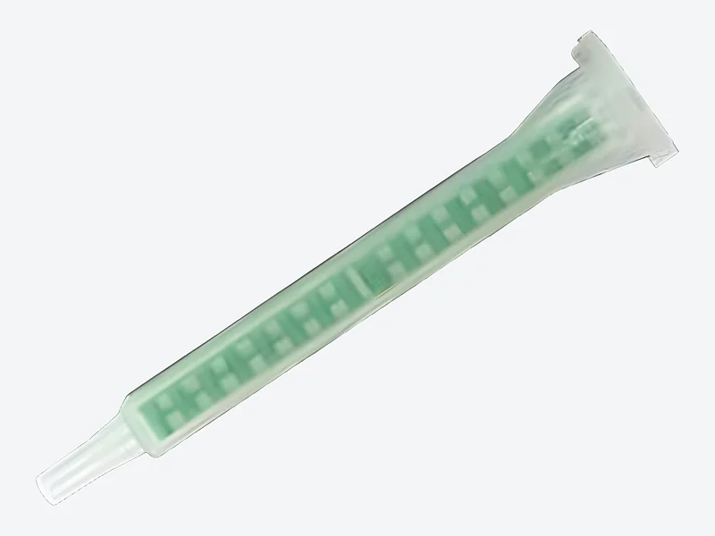 Static mixing tube with green mixing elements and a wide clear bayonet inlet
