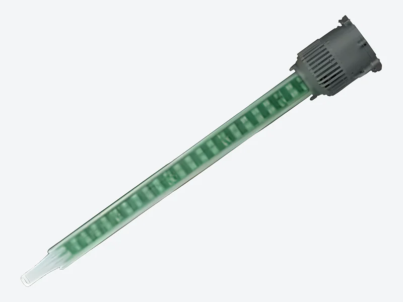 Static mixing tube with green mixing elements and a gray ribbed inlet collar