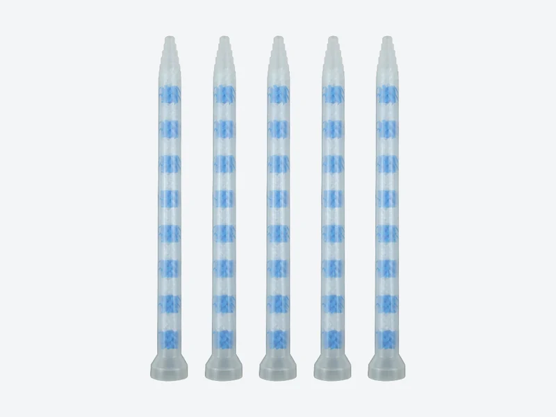 Five GSM series round-mouth static mixing tubes with blue mixing elements and clear flared inlets
