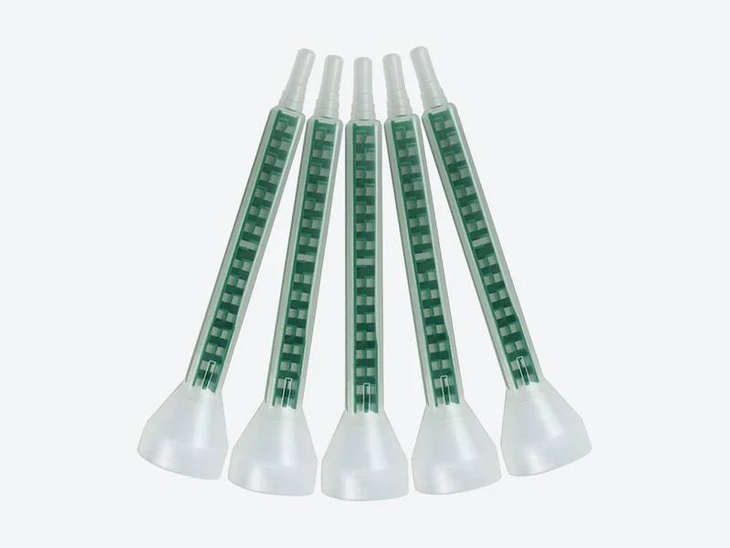 Five MC series round-mouth static mixing tubes with green mixing elements and clear flared inlets
